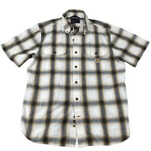 Carhartt Mens Shirt Large Loose Fit Short Sleeve Plaid Button Up Beige Casual